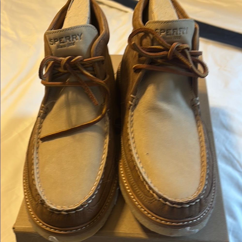 Sperry Tan and Brown Boat Shoes with Moc Toe Design